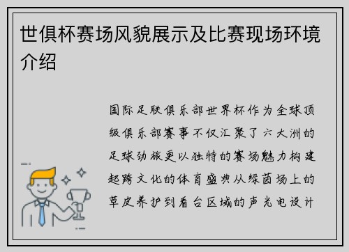 世俱杯赛场风貌展示及比赛现场环境介绍