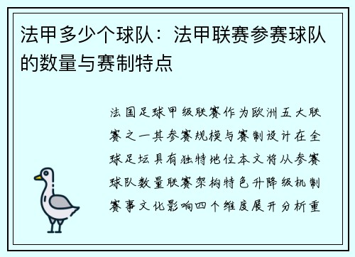法甲多少个球队：法甲联赛参赛球队的数量与赛制特点